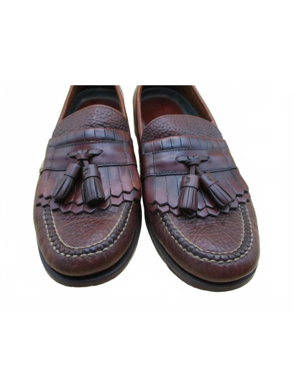 HS Trask Brown Pebbled Bison Leather Kiltie Tassel Loafers Mens Size 10 Handsewn